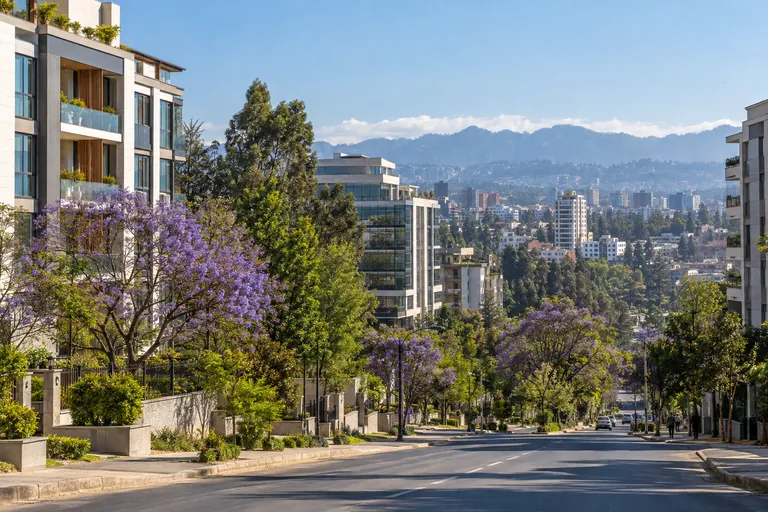 Illustrative contemporary Addis Ababa neighborhood with highland scenery