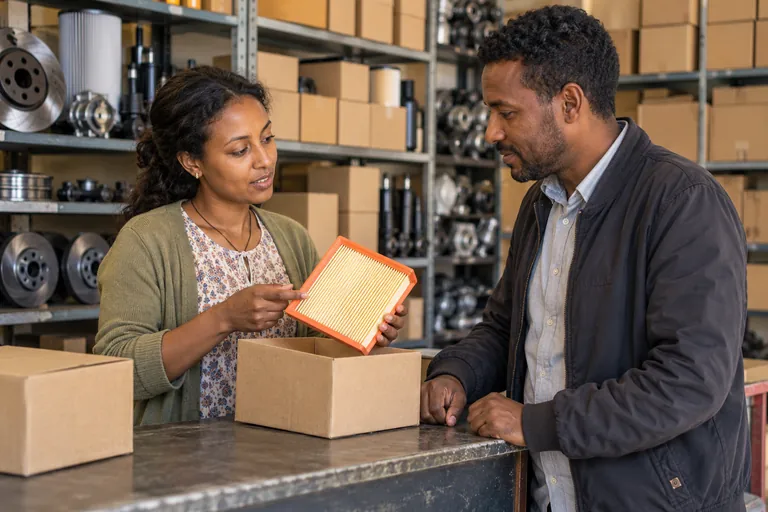 Illustrative parts-shop operator and customer discussing an automotive air filter