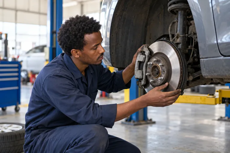 Illustrative automotive technician examining a brake assembly