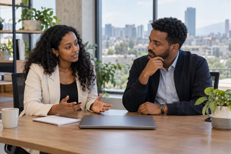 Illustrative Ethiopian professionals discussing software and automotive requirements
